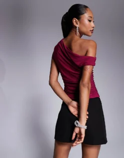 Missyempire Exclusive Slinky Off Shoulder Top In Raspberry For Women Pink -Missyempire Sales Store 207514692 4