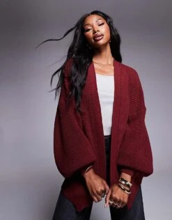 Missyempire Knitted Pocket Detail Cardigan In Burgundy For Women