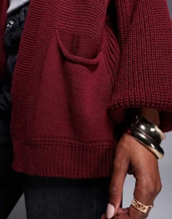 Missyempire Knitted Pocket Detail Cardigan In Burgundy For Women -Missyempire Sales Store 207547787 3