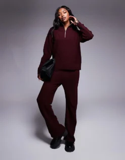 Missyempire Cable Knit Half Zip Jumper & Wide Leg Trouser Co-ord In Burgundy