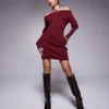 Missyempire Bardot Knitted Bodycon Mini Jumper Dress In Burgundy For Women