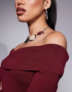 Missyempire Bardot Knitted Bodycon Mini Jumper Dress In Burgundy For Women -Missyempire Sales Store 207547811 3