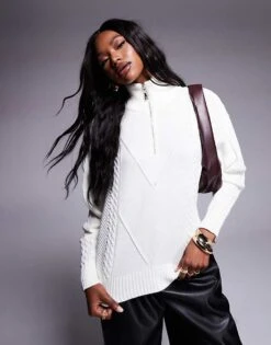 Missyempire Cable Knit Half Zip Jumper In Cream For Women