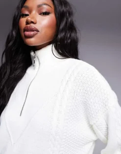 Missyempire Cable Knit Half Zip Jumper In Cream For Women -Missyempire Sales Store 207547821 4