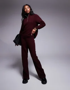 Missyempire Cable Knit Half Zip Jumper & Wide Leg Trouser Co-ord In Burgundy -Missyempire Sales Store 207547826 1 burgundy 1