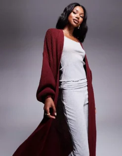 Missyempire Knitted Maxi Cardigan In Burgundy For Women -Missyempire Sales Store 207547835 3