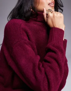 Missyempire Roll Neck Jumper In Burgundy For Women -Missyempire Sales Store 207547849 3