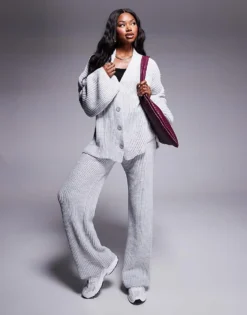 Missyempire Knitted Button Down Cardigan And Trouser Full Set In Grey For Women