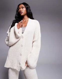 Missyempire Knitted Button Down Cardigan And Trouser Full Set In Beige For Women -Missyempire Sales Store 207609990 3