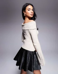 Missyempire Bardot Flare Sleeve Cropped Jumper In Oatmeal For Women -Missyempire Sales Store 207679981 4