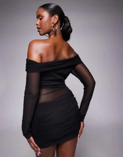 Missyempire Mesh Insert Bardot Mini Dress In Black For Women -Missyempire Sales Store 208122856 4