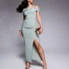 Missyempire Slinky Fold Over Bardot Bodycon Maxi Dress In Sage Green For Women