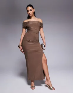 Missyempire Slinky Fold Over Bardot Bodycon Maxi Dress In Mocha For Women -Missyempire Sales Store 208122959 1 mocha 1