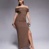 Missyempire Slinky Fold Over Bardot Bodycon Maxi Dress In Mocha For Women