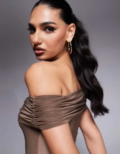 Missyempire Slinky Fold Over Bardot Bodycon Maxi Dress In Mocha For Women -Missyempire Sales Store 208122959 3