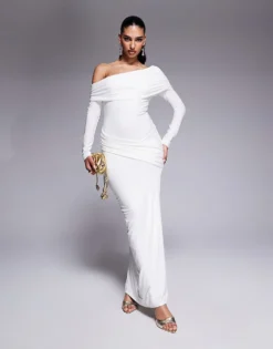 Missyempire Asymmetric Fold Over Shoulder Drape Detail Bodycon Maxi Dress In White For Women -Missyempire Sales Store 208122997 1 white 1