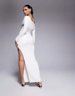 Missyempire Asymmetric Fold Over Shoulder Drape Detail Bodycon Maxi Dress In White For Women -Missyempire Sales Store 208122997 3