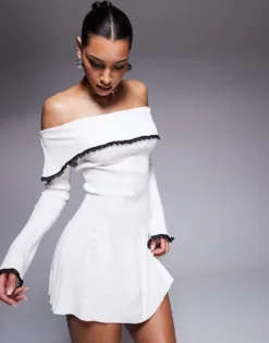 Missyempire Knitted Bardot Fold Over Lace Trim Mini Dress In White For Women White & Black