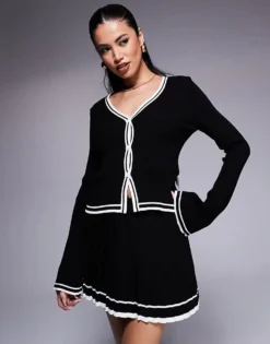 Missyempire Mono Contrast Piping Cardigan And Mini Skirt Co-ord In Black -Missyempire Sales Store 208133007 1 blackwhite