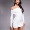 Missyempire Slinky Bardot Foldover Bodycon Mini Dress In White For Women