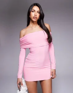 Missyempire Slinky Bardot Foldover Bodycon Mini Dress In Pink For Women